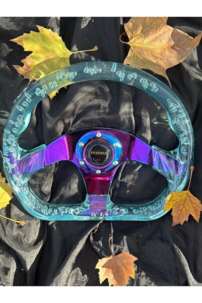 LIGHTNIX Mavi Şeffaf Epoksi Momo Direksiyon 35 cm – Kabarcıklı Beyaz, A+ Kali...