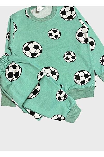 ALİŞ KİDS Boys' Cotton Fleece-Lined Green Football Ball Patterned Long Sleeve Winter Pajama Set