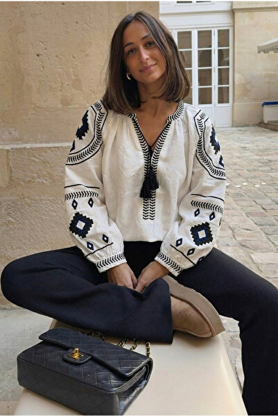 FEMELLE Жіноча біла сорочка з бавовняної тканини з вишивкою та бахромою