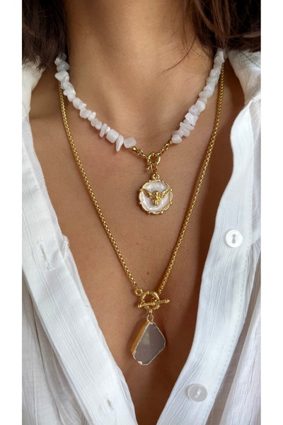 Gigi Beyaz kuvars taşı Melek doğaltaş kolye seti