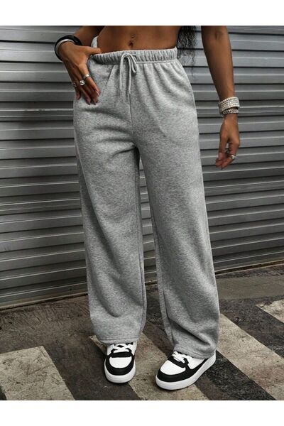 SLAW REZZ Women's Black Sweatpants High Waist Winter Fleece-Lined Stitched Hem Wide Leg Sweatpants