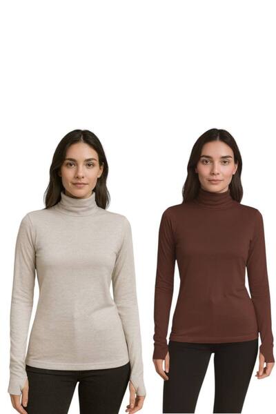 ALDAIYR 2 Pcs Round Neck Women's Long Sleeve Fingered Stretch Fabric Bodysuit