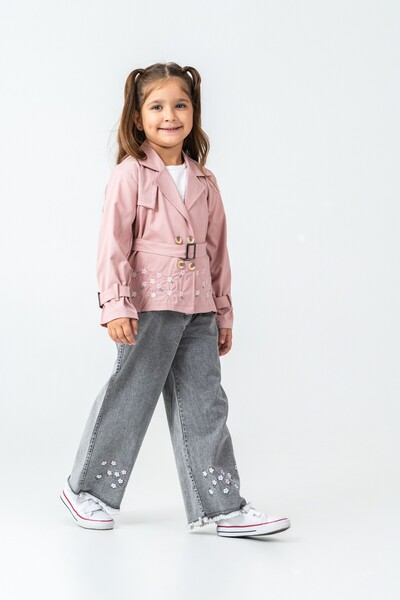 CLOUDY WEAR&DESİGN Girl's Embroidered Detailed Pink Trench Coat & Floral Jeans & T-Shirt 3-Piece Set