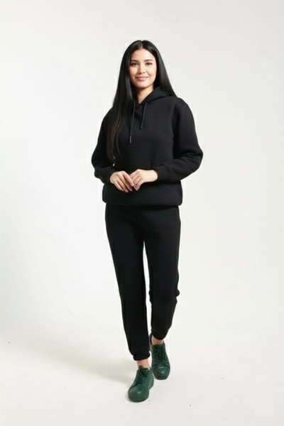 fh fashionhere Women's Side Pocketed, Fleece Lined, Soft Top and Bottom 3 Thread Black Tracksuit Set
