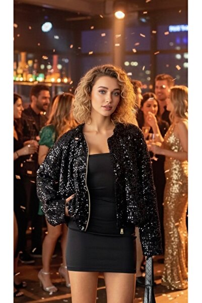 Luma Decor Payetli Oversize Kadın Ceket – Fermuarlı Işıltılı Şık Üst - Siyah