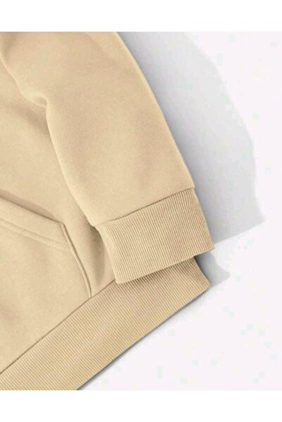 Elvino Whatever Printed Women'S/Men's Unisex Beige Oversized Hooded 3-Thread Sweatshirt