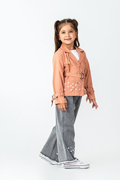 CLOUDY WEAR&DESİGN Girl's Embroidered Detailed Pink Trench Coat & Floral Jeans & T-Shirt 3-Piece Set