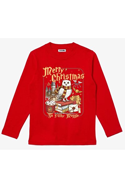 Efendioğlu Design Long-Sleeved Owl Ga Filthy Munggle New Year Christmas Marry Christmas Printed Cotton Children's T-Shirt