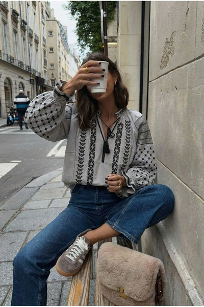 FEMELLE Women's Gray Tassel Collar Cotton Blouse with Gathered Ankles and Embroidered Detail