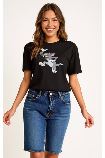 StyleweaR تي شيرت أسود مطبوع عليه توم