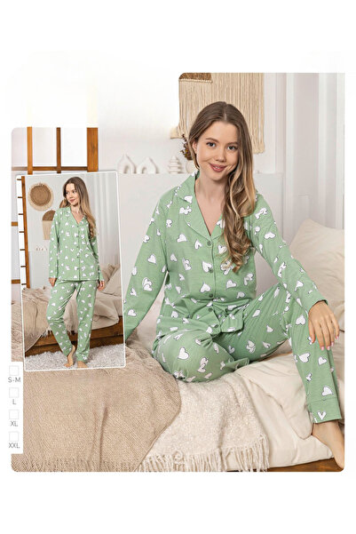 İpek Women's Long Sleeve Front Button Heart Pattern Pajama Set