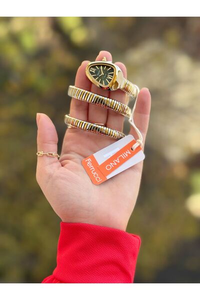 Ferrucci Women's Snake Watch, in Gift Box, Steel Band, Yellow-Silver Green Color, with Bracelet Gift