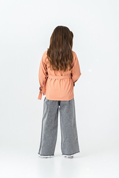 CLOUDY WEAR&DESİGN Girl's Embroidered Detailed Pink Trench Coat & Floral Jeans & T-Shirt 3-Piece Set