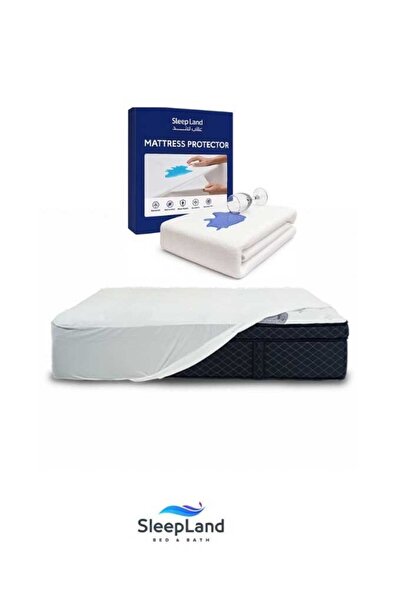 SLEEPLAND Hotel-quality mattress topper set (14 cm thick), mattress protector, pillow protector set, cotton towel, two hotel pillows, and beige hotel-style bedspread.