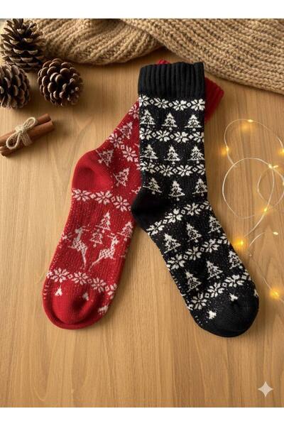 İNSPİRA Snowflake and Deer Patterned Cotton Thick New Year Themed Socks
