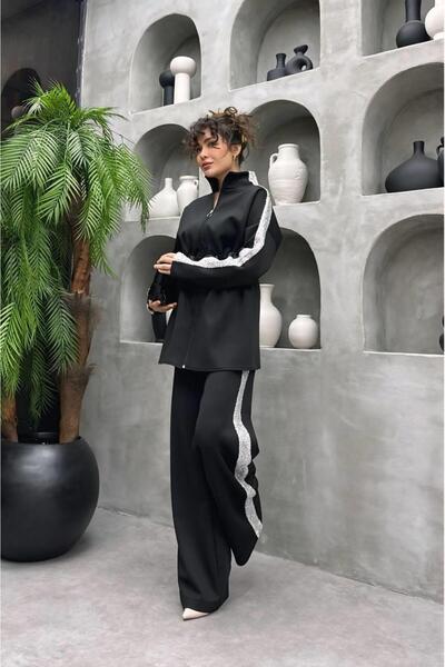 Cardella Simli Striped Detail Premium Scuba Fabric Hijab Compatible Two-Piece Set with Pants