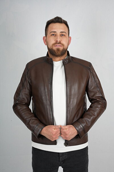 KARCIOĞLU DERİ Fermuarlı İçi Kürklü Karartmalı Kahverengi Erkek Hakiki Deri Mont