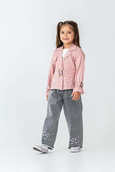 CLOUDY WEAR&DESİGN Girl's Embroidered Detailed Pink Trench Coat & Floral Jeans & T-Shirt 3-Piece Set