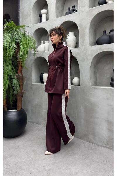 Cardella Simli Striped Detail Premium Scuba Fabric Hijab Compatible Two-Piece Set with Pants