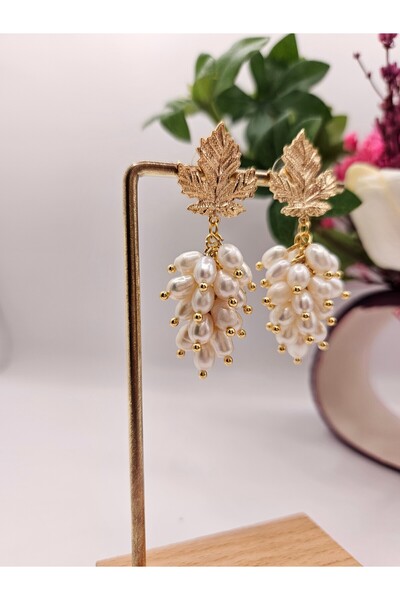 İNCİORA JEWELRY GERÇEK DOĞAL İNCİ ÜZÜM YAPRAKLI SALKIM KÜPE ALTIN/RODYUM KAPLAMA