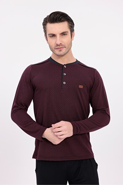 Yulem Homewear Men's Burgundy Jacquard Cotton Winter Long Sleeve Pajama Set