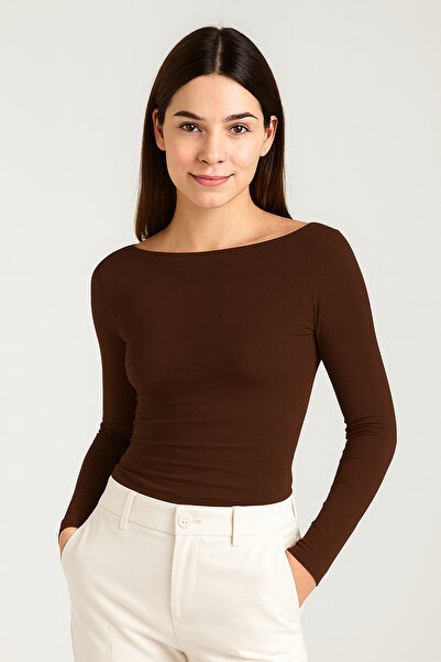 RABTEKS Γυναικεία καφέ μπλούζα με μακρύ μανίκι με λαιμόκοψη καγιάκ