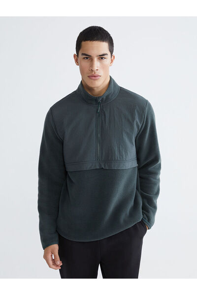 LC Waikiki Yeşil Dik Yaka Uzun Kollu Polar Erkek Sweatshirt