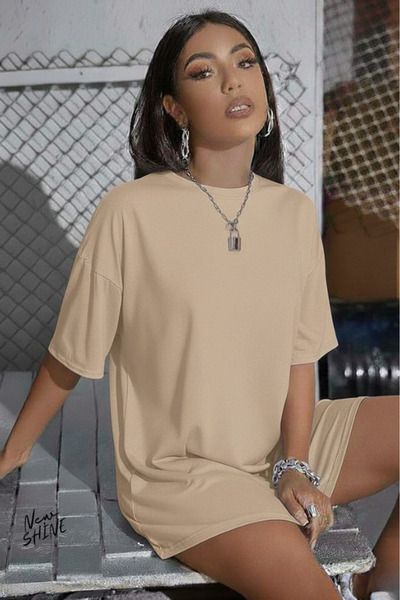 New Shine تي شيرت غير مطبوع كبير الحجم للجنسين