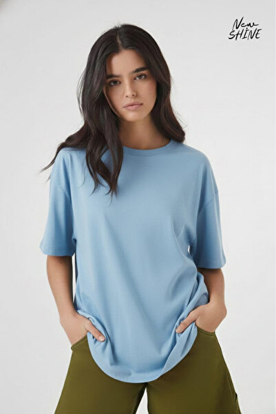 New Shine تي شيرت غير مطبوع كبير الحجم للجنسين