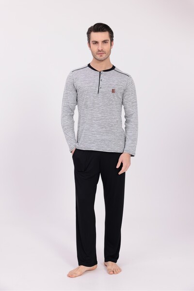 Yulem Homewear Men's Gray Jacquard Patterned Cotton Long Sleeve Men's Pajama Set