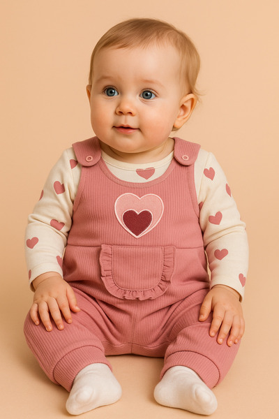 BEBEXO KIDS Kız Bebek Kalp Nakışlı 3'lü Tulum Seti Kollu Zıbın, Cepli Tulum Ve Çorap | 3-6-9 Ay