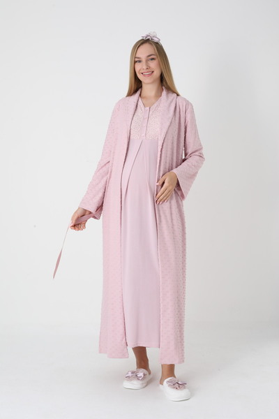 BLACKMORE Women's Pink Shawl Collar Jacquard Special Design Winter Cotton Maternity Nightgown-Dressing Gown Set