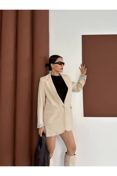 Narstorm Women's Stone Color Striped Lined Blazer Jacket with Pocket Detail