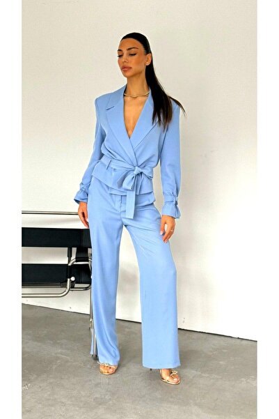 AYSHAN طقم سترة بحزام أزرق وبنطلون واسع الساق