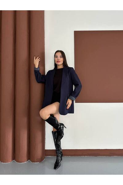 Narstorm Women's Navy Blue Striped Lined Blazer Jacket with Pocket Detail