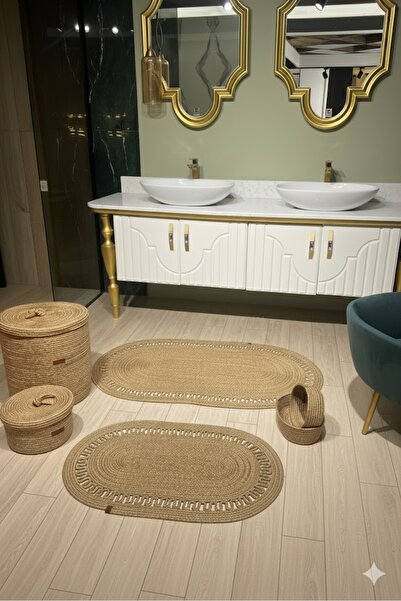 GNG Home Tekstil Jute Bathroom Set, Mat Set, Trash Can, Toilet Seat Mat and Basket Set Bathroom Set