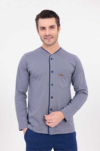 Yulem Homewear Men's Navy Blue Button Front Cotton Long Sleeve Pajama Set