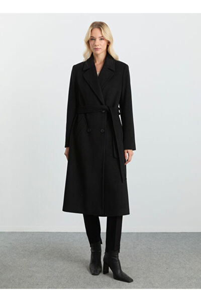 Selen Siyah Kadın Kruvaze Yaka Standart Manto 25KSL9532