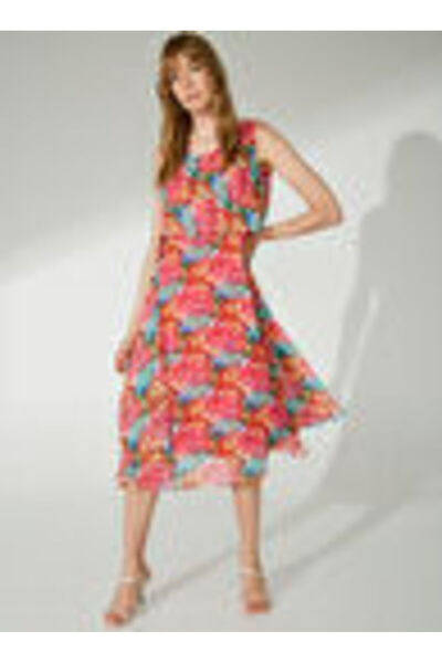 Selen Bisiklet Yaka Emprime Pembe Standart Kadın Elbise 23YSL7269