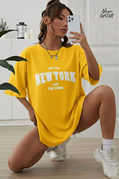 New Shine تي شيرت نيويورك كوم ترو مطبوع قصة فضفاضة