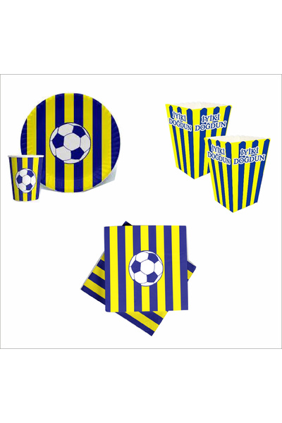 ZENVİVA Fan Yellow Navy Blue 8 Plates, 8 Glasses, 10 Napkins, 8 Corn Boxes