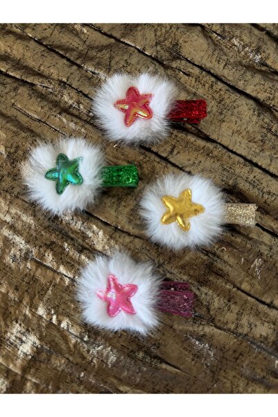 PURPLE'S BİR TUTAM MUTLULUK Shiny Star and Fur Pompom Detailed Glittery 4-Piece Baby Girl Buckle Set