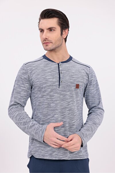 Yulem Homewear Men's Blue Jacquard Patterned Cotton Long Sleeve Men's Pajama Set