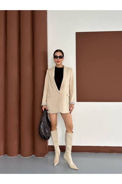 Narstorm Women's Stone Color Striped Lined Blazer Jacket with Pocket Detail