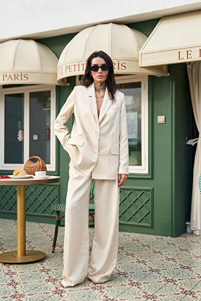 AYSHAN Beige Palazzo Cut Single Pleated Fabric Trousers