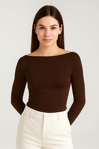 RABTEKS Γυναικεία καφέ μπλούζα με μακρύ μανίκι με λαιμόκοψη καγιάκ