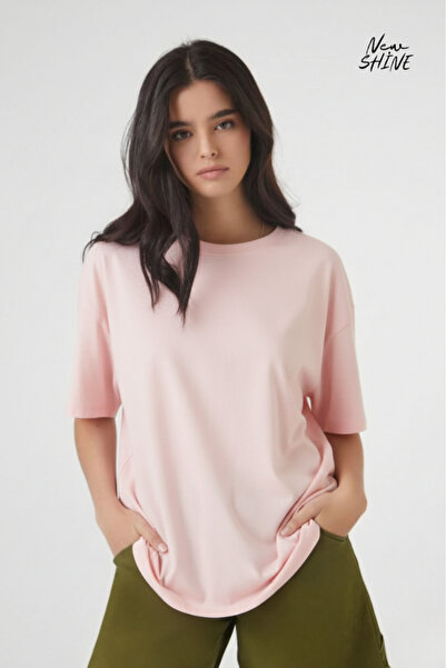 New Shine تي شيرت غير مطبوع كبير الحجم للجنسين