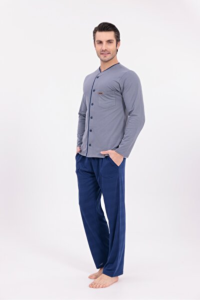 Yulem Homewear Men's Navy Blue Button Front Cotton Long Sleeve Pajama Set