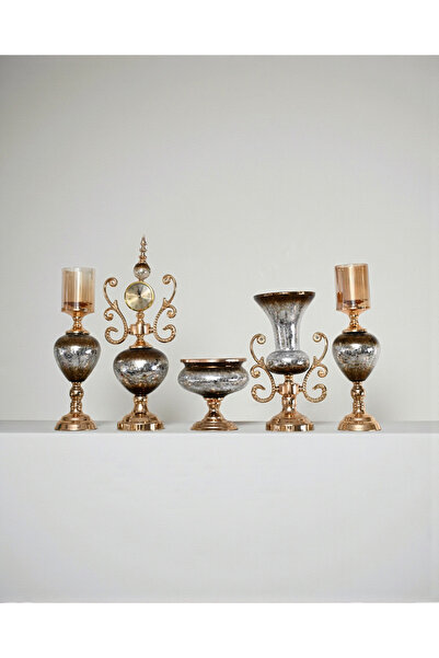 Nadisse Gold Metal & Gri Cam Dekoratif Şamdan Tasarımı - Dresuar Aksesuarları