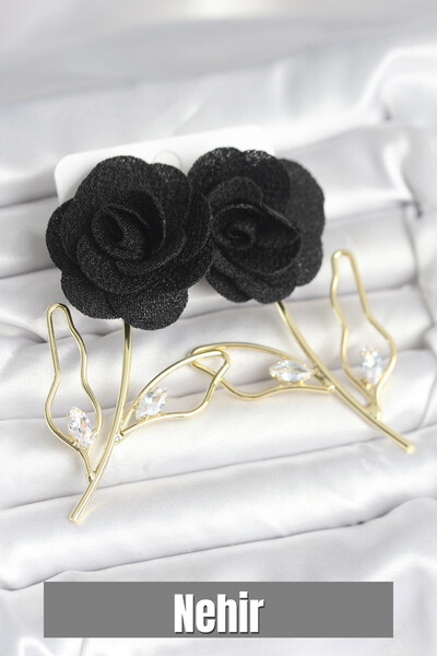 Nehir أقراط نسائية من النحاس باللون الذهبي والأسود على شكل وردة هدية لعيد الح...